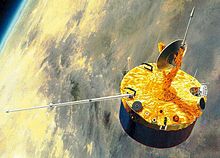 A stubby barrel-shaped spacecraft is depicted in orbit above Venus. A small dish antenna is located at the centre of one of its end faces