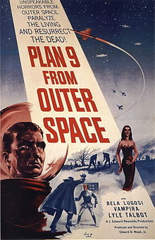 "PLAN 9 FROM OUTER SPACE" in large red letters adorns a beam from a night sky containing spacecraft and warplanes. The foreground has the head of a man in a bubble-headed red spacesuit, a caped vampire attacking a victim, a seductive vampiress and gravediggers at work. Above the title is "UNSPEAKABLE HORRORS FROM OUTER SPACE PARALYZE THE LIVING AND RESURRECT THE DEAD!"; below are "BELA LUGOSI", "VAMPIRA" and "LYLE TALBOT".