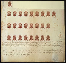Proof sheet of one penny stamps Stamp Act 1765.jpg