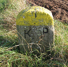 Weathered, lichen-covered stone standing in a field with "K.P." carved on one face