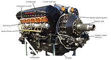 A front right view of a Vee twelve aircraft piston engine centred around a large propeller shaft has components labelled by black lines to each component description. Labelled components include the propeller reduction gearbox, exhaust ports, spark plugs and the coolant pump