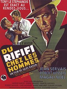 Movie poster illustrates Tony le Stephanois wearing a green jacket over a red background. In the background Jo le Suédois attempts to pull a telephone away from his wife. Text at the top of the image includes the tagline "Tony le Stephanois et exact au rendez-vous". Text at the bottom of the poster reveals the original title and production credits.