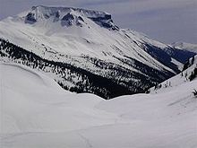 Flat-topped mountain covered and surrounded by snow with trees on its lower flanks.