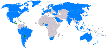A map of the world showing 23 highlighted countries. Only a few small countries recognize the ROC, mainly in Central, South America and Africa.