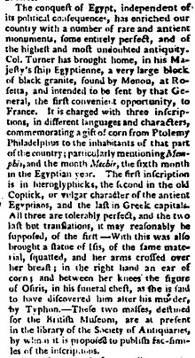 "Image of a contemporary newspaper report from 1801 of approximately three column inches describing the arrival of the Rosetta Stone in England"
