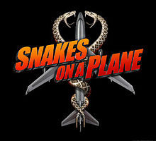 Text at the center of the image says "Snakes on a Plane". Behind it is an overhead view of a jet passenger airplane with two snakes coiled around it. Towards the cockpit of the image the snakes' heads face each other with their mouths open and fangs and teeth shown. The background is all black.