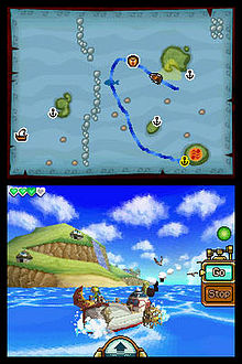 Two square screens, one below the other. Above is a map, with a blue line drawn to indicate the path of the ship. Below, the game is seen through a third-person perspective, with the ship in the center, sailing on the ocean.