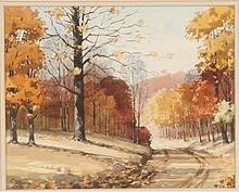 Watercolor painting of an autumn scene in Brown County, Indiana