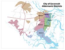 A map showing the Aldermanic Districts of Savannah, Georgia.