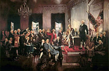 Painting of men in a formal political meeting.