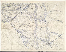 Topographical map of the area around town of Poelcappelle. The trench lines are all detailed in blue ink. No British trench lines are present except line labeled British Front Line. The German Flandern I and Flandern II Stellung are also prominently marked.