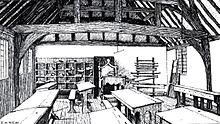 Drawing of the Stratford grammar school, showing the interior of a classroom with student desks and benches.