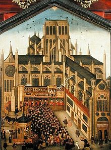 A colourful painting of a sermon being preached to hundreds of people from a wooden pulpit in the grounds of the old cathedral. The perspective of the image is wrong, making the people look huge by comparison to the building.