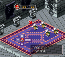 Horizontal rectangle video game screenshot that is a digital representation of the interior of a castle. The center depicts four bipedal turtles and a human character facing each other on a rug. The top displays the human character's face and two numbers, while the bottom displays the text "TERRAPIN Unarmed". Around the human character's head are four buttons labeled "X", "Y", "B" and "Attack". A red arrow points to one of the turtles.