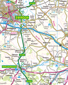 An Ordnance Survey map showing parts of Wiltshire including Swindon and Marlborough