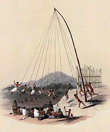 Early 19th century coloured drawing showing Maori children swinging from long ropes coming from the top of a high pole while a group of adults watches them