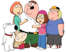 A group picture of a cartoon family, with a father, mother, son, daughter, baby and dog
