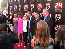 The cast of 24 is shown in this picture. Cast members include Kiefer Sutherland, Cherry Jones, Mary Lynn Rasjkub, Annie Wersching, and Carlos Bernard