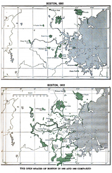 Two maps showing the open spaces of Boston in 1892 and 1902