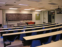 view of a classroom from the rear, with blackboard and three desks and tables at the front of the class, and five rows of long curved student desks with blue chairs attached.