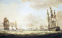 Four large sailing ships in the foreground are advancing through choppy grey seas towards at least eight other ships in the background engaged in combat