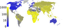 World map with sub-Saharan Africa in various shades of yellow, marking prevalences above 300 per 100,000, and with the U.S., Canada, Australia, and northern Europe in shades of deep blue, marking prevalences around 10 per 100,000. Asia is yellow but not quite so bright, marking prevalences around 200 per 100,000 range. South America is a darker yellow.