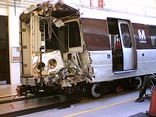 The crushed end of a subway car.