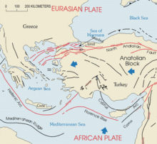 A high concentration of fault lines in northwestern Turkey, where the Eurasian and African plates meet; a small number of faults and ridges also appear under the Mediterranean
