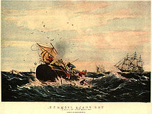 Painting of a sperm whale destroying a boat, with other boats in the background