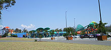 Looking towards WhiteWater World's entrance from the entrance of the adjacent Dreamworld theme park.