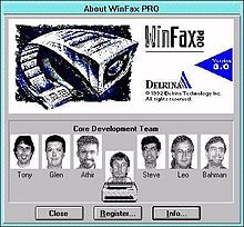Delrina WinFax 3 "About" dialog with pictures of several of the lead developers about to be fed into a fax machine