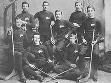 Eight young men pose wearing identical sweaters with a buffalo logo on their right breast. They are all in hockey skates and holding sticks