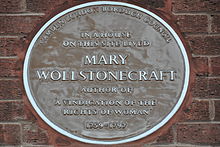 Brown plaque of Wollstonecraft's final home, in Camden