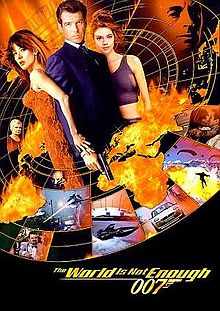 Poster shows a circle with Bond flanked by two women at the center. Globs of fire and action shots from the film are below. The film's name is at the bottom.