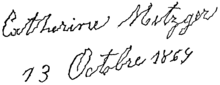 First line of text is "Catherine Metzger" Second line of text is "13 Octobre 1869" (October 13th of 1869; in French).