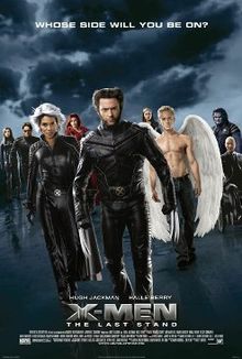 The X-Men walk towards the viewer. In front, Wolverine with his claws unsheathed, Storm and Angel. In the back are Kitty Pryde, Cyclops, Jean Grey, Rogue, Beast and Professor X. Atop the image is written "Whose Side Will You Be On?". Below are the film's title and credits.