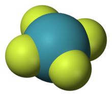A model of planar chemical molecule with a blue center atom (Xe) symmetrically bonded to four peripheral atoms (fluorine).