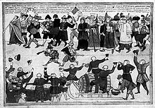A primitive illustration of a processing group of people involved in some form of festivity. People are throwing their hats in the air, playing musical instruments and cheering up the event