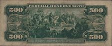 Series 1918 $500 bill, Reverse, depicting Hernando de Soto discovering the Mississippi River