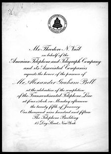 A ceremonial invitation card inscribed in formal print, addressed to Alexander Graham Bell, inviting him to a formal inauguration.