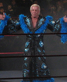 An American wrestler with short blond pompadour-styled hair wearing a blue and black robe poses in the middle of a wrestling ring.
