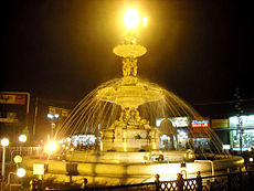Night time view of Adam's fountain in Charring cross