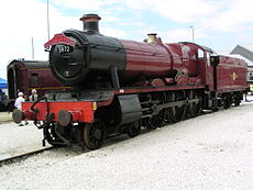 The red locomotive train used as the "Hogwarts Express" in the film series. In the front it has the numbers "5912" inscripted on it.