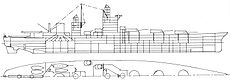 A line drawing of a ship with three gun turrets on the centerline forward, a tall superstructure, and a large funnel at the rear.