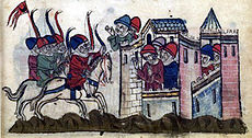 Colorful medieval depiction of a simplified battle scene, showing towers with outsized people looking out the windows, and armed Mongols approaching on horses.