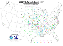 Tracks of all United States tornadoes during 2008