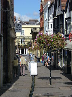 Street scene. Buildings lining narrow lane with central water gully, pedestrians, and hanging baskets.