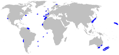 World map with blue shading in scattered spots around and in the middle of the Atlantic, and at isolated spots in the Pacific from Japan to Australia to California