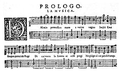  Four staves of music manuscript, headed "Prologo. La musica", with a decorative "D" key signature