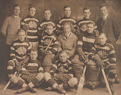 Thirteen men are assembled in three rows, two sitting on the floor in front, five sitting and six standing in back. Ten are hockey players in their unforms with their hockey sticks and three are members of the team staff in suits.